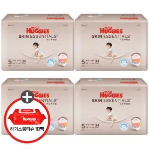 (사은 물티슈) 하기스 2025 스킨에센셜 팬티 5단계 (공용) 34매 4팩 (레드물티슈 10팩)