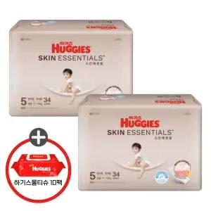 (사은 물티슈) 하기스 2025 스킨에센셜 팬티 5단계 (공용) 34매 2팩 (레드물티슈 10팩)
