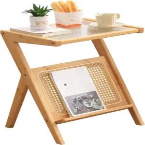 티타 라탄 사이드 테이블 미드 센추리 나이트스탠드 대나무 액센트 침대 옆 유리 커피 작은 공간 거실