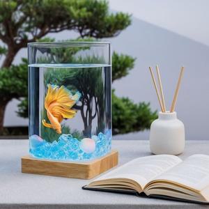 고투명 데스크탑 어항 유리 조명 포함 베타 물고기 원형/사각형 받침대 미니