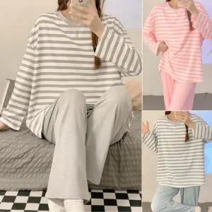 봄 여름 여성 스트라이프 홈웨어 부드러운 잠옷 깔끔 파자마 긴팔 세트 가을 파자마 바지 세트 잠옷 수면