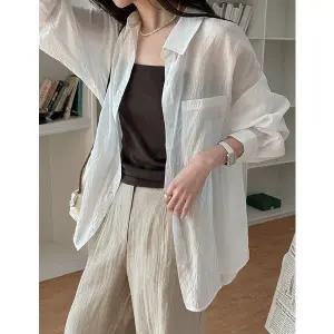 [공구우먼] [제작] [살안타템] 페이닐 루즈핏 시스루 셔츠 87262 빅사이즈 여성의류