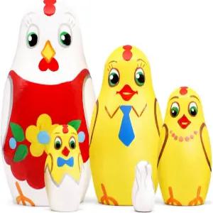 AEVVV 닭 둥지 인형 세트 5개 치킨 주방 장식 나무 쌓기 핸드 페인팅 마트료쉬카