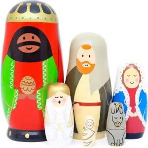 문모 둥지 인형 성 가족 성탄절 나무 마트료쉬카 5종 세트 브라운