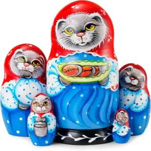 무아로 둥지 인형 마트료쉬카 나무 쌓기 중첩 세트 5 수제 고양이