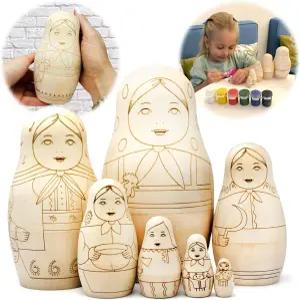 빈 둥지 인형 세트 페인팅 및 장식용 7개 미리 그린 윤곽이 있는 칠하지 않은 나무 마트료시카 DIY 아트