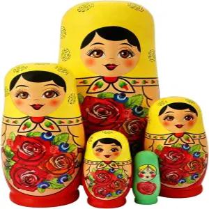 노란색과 빨간색 전통 둥지 인형 5종 세트 로즈 플라워 소녀 나무 마트료시카 생일 선물 크리스마스