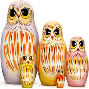 AEVVV 올빼미 둥지 인형 5종 세트 피규어가 있는 마트료시카 장식 수제 나무