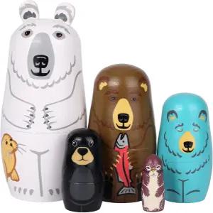 크리스마스 생일 축하 선물을 위한 Yoption 5 둥지 인형 수제 나무 귀여운 곰 마트료쉬카 세트 시리즈