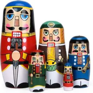 브그라아민 5pcs 네스팅 인형 나무 선물 생일 수제 페인팅 호두 가우르디안 마트료쉬카 장식 월넛