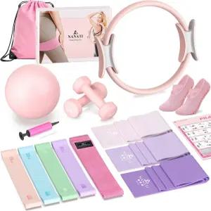 나나티 필라테스 키트 여성용 필수 14.5인치 링과 볼 저항 밴드 덤벨 및 그립 양말 액세서리 스타터용 홈