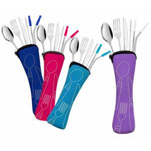 케이스 4팩이 포함된 여행 도구 세트, 재사용 가능한 스테인리스 스틸 휴대용 식기(포크, 스푼, 나이프, 빨대 및 클리너)로 작업, 기숙사, 캠핑, 도시락, 에코베리의 컴팩트 내구