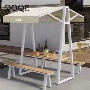 어닝 지붕 파라솔 일체형 야외 테이블벤치의자 세트 4-6인용 북유럽 철제 카페 펜션 바베큐