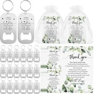 손님들을 위한 50세트 결혼 선물 맥주 오프너 키체인 병 감사 카드 오르간자 가방 신부 샤워 기념품