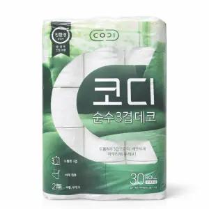 코디 순수 3겹 데코 화장지 30롤 30m 두루마리 휴지 물에잘녹는 비데