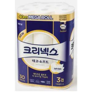 크리넥스 데코앤소프트 화장지 30롤 3겹 40m 두루마리 휴지 물에잘녹는 무형광 메가롤 와이드