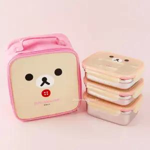 리락쿠마 가방 3단 스텐 도시락(핑크) 2단 아동 소풍 유아 세트 식기