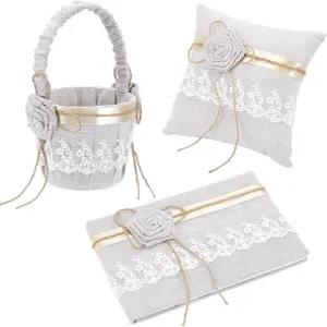 인터웜 3종 소박한 삼베 꽃바구니 린넨 결혼식 하객 책 보크노트 반지 운반 베개 세트 파티를 위한 3가지