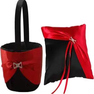 케이트멜론 웨딩 액세서리 블랙 앤 레드 링 베어러 베개 플라워 걸 바구니 세트