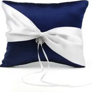 네이비 블루 새틴 참스 웨딩 링 베개 베어러 7.8인치(꽃나무)