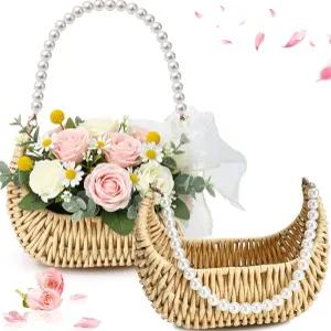 에브리마 2 PCS 플라워 걸 바구니 리본이 달린 위커 라탄 결혼식을 위한 소박한 신부 기념 파티 장식