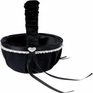 결혼식을 위한 진주와 보크노트 새틴 꽃바구니가 있는 검은색 웨딩 플라워 소녀 바구니 (하트)