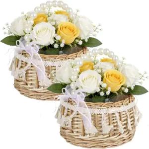 2Pcs 위커 라탄 플라워 걸 바구니 진주 손잡이와 툴 보우가 있는 손으로 짠 결혼식 신부 홈 데코 피크닉 및