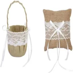 세브로로 화이트 바스켓 러스틱 2세트 반지 베어러 베개 및 웨딩 걸 바구니 버랩 레이스 컬렉션 결혼