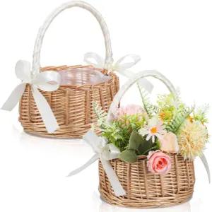 꽃 소녀 바구니 2팩 손잡이 실크 리본이 달린 수제 위커 라탄 선물용 장식 달걀 캔디 결혼식 캠핑 홈 데코