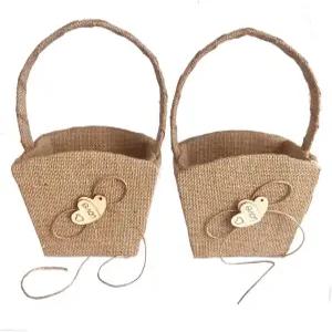 2PCS 러스틱 버랩 플라워 걸 바구니와 보크노트 빈티지 결혼식을 위한 더블 하트