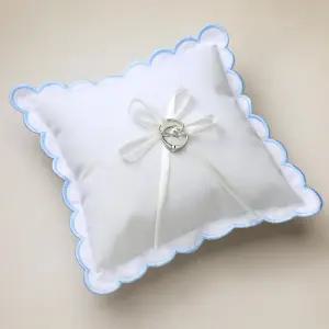 프로포즈 결혼식 파티 의식을 위한 제리 웨딩 링 베개 9 x 인치 블루 스캘럽 베어러 보우 코튼 리넨 쿠션