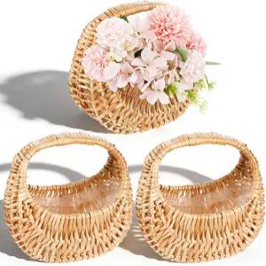 결혼식 파티 웨딩 플라워 걸 홈 데코를 위한 Dimeho 3Pcs 라탄 바구니 손잡이가 달린 작은 위커