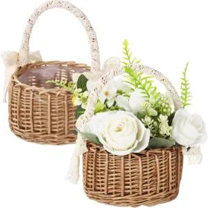 꽃 소녀 바구니 2개 손잡이가 달린 작은 위커 라탄 세트 다용도 장식 보관함 결혼식 파티 홈 데코 2