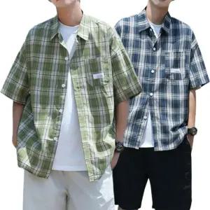 [아이에스이랩]여름 반팔 레이어드 오버핏 셔츠 체크 남방 I2SH014