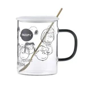 스누피 뚜껑 유리컵 숟가락 세트 370ml-블랙이유식기 아동 유아 스텐 물컵 양수 빨대