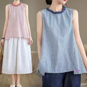 여성은창티셔츠 넥라인 레이스 스트라이프 백버튼 민소매 상의 나시티 여름 루즈핏 비치 빅사이즈vwx420