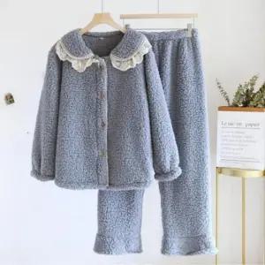 누빔잠옷 겨울 여성 양털 뽀글이 수면 잠옷 극세사 긴팔 홈웨