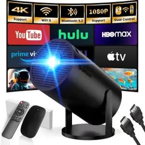 WiFi 및 블루투스 내장 앱이 있는 미니 프로젝터 스마트 지원 4K 1080P FHD 180 조정 가능한 자동 키스톤