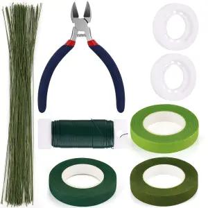 커터가 있는 글램필즈 꽃꽂이 키트 롤 1/2인치 와이드 꽃 테이프 5개 26게이지 꽃줄기 와이어 100개 꽃다발