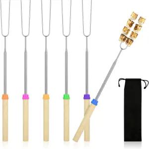 6팩 스모어 스틱 32인치 마시멜로 불 구덩이용 로스팅 가방 포함 확장 가능한 꼬치 핫도그 포크 캠프파이어