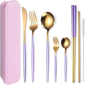 AAARINBOW 8피스 스테인리스 스틸 식기 세트 휴대용 재사용 가능한 여행 도구 젓가락 나이프 포크 스푼