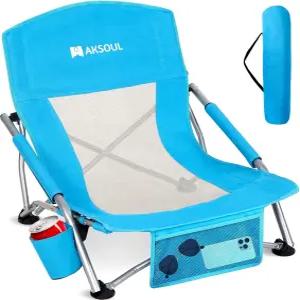 AKSOUL 접이식 비치 의자 캐리백이 있는 로우/하이백 - 편안한 베개 및 수납 포켓이 엑스트라 와이드 시트