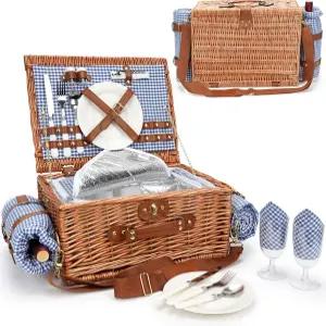 2인용 피크닉 바구니 방수 담요가 있는 세탁 가능한 비치 매트와 대형 단열 쿨러 수납공간이 세트 캠핑용