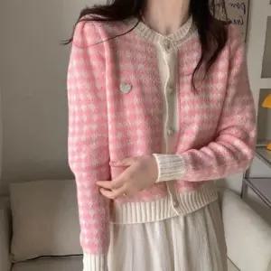 하트 하운드 체크 여성 라운드넥 러블리 가디건 아우터
