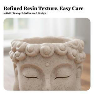 부처님 머리 화분, 독창적인 디자인의 레진 모양 차분한 얼굴의 꽃병, 배수구가 있는 발코니용 홈 데코레