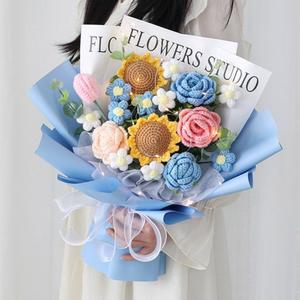 손뜨개 꽃다발 DIY 장 브로치 핸드메이드 뜨개꽃다발 가방 코바늘인형뜨기 자갈 꽃병