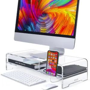 베이고름 아크릴 모니터 스탠드 20인치 와이드 2단 라이저 수납 선반 및 휴대폰 홀더 노트북 프린터 화면용