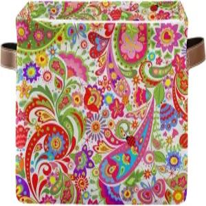 AUUXVA 보관 바구니 컬러풀 페이즐리 플라워 플로럴 큐브 박스 내구성 캔버스 접이식 장난감 정리함 선반