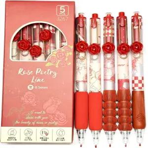 레드 로즈 젤 펜 리트랙터블 귀여운 플라워 3D 클립이 있는 에스테틱 플로럴 블랙 잉크 부드러운 그립 소녀