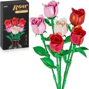 EWED 장미 꽃다발 빌딩 세트 여성 인조 꽃 식물 컬렉션 블록 키트 아내 홈 데코 추수감사절 크리스마스